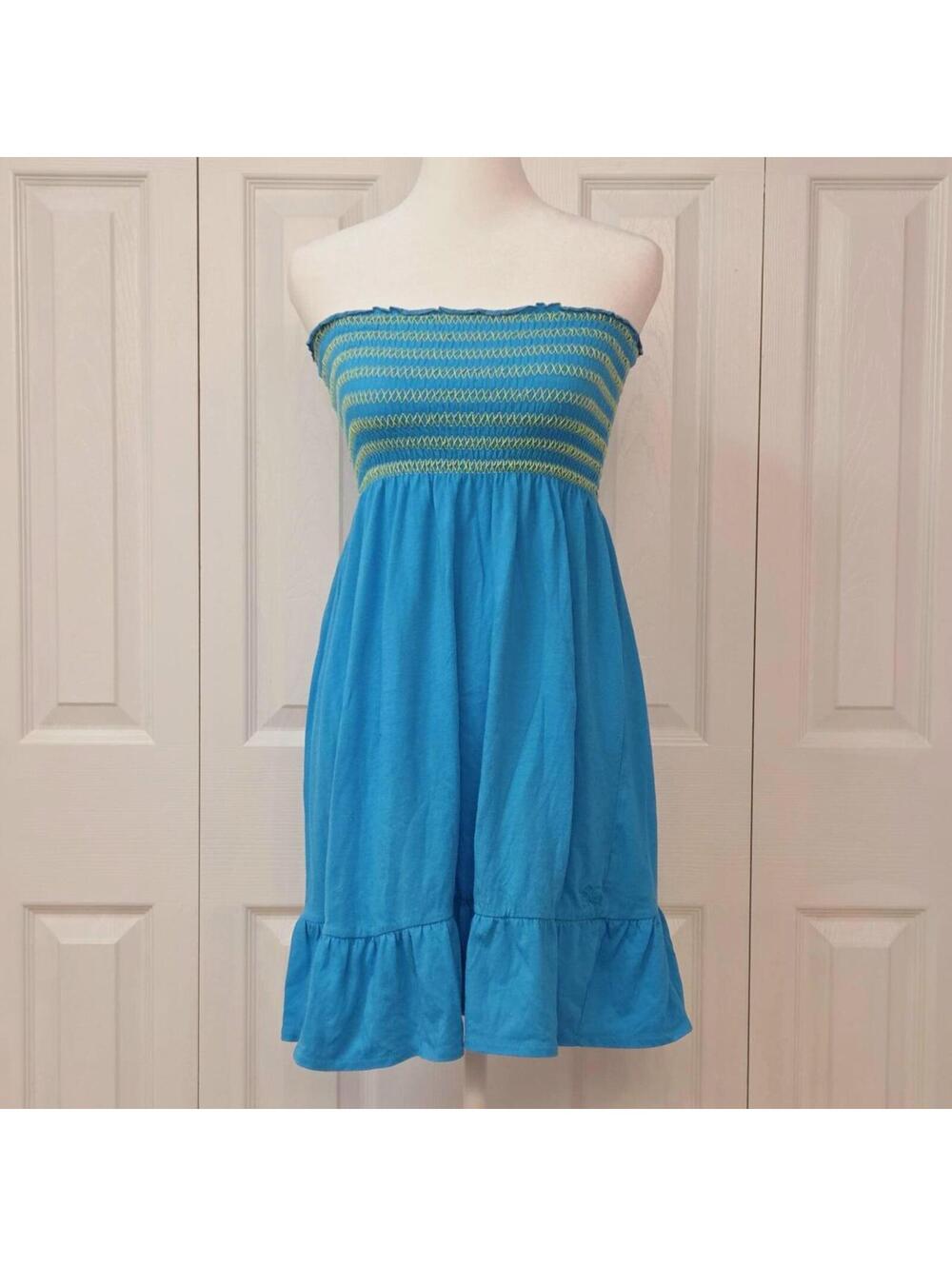 Vintage Y2K Blue Mini Tube Dress Sz 1 (XS) Boho Summer Smocked Strapless Coverup